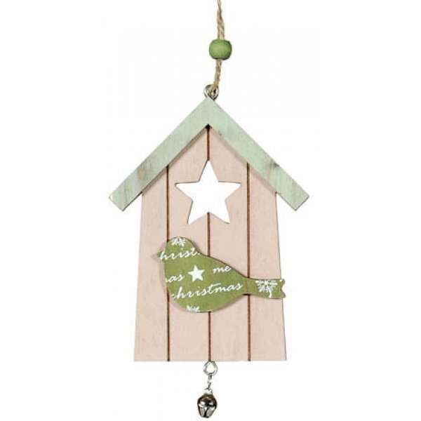Χριστουγεννιάτικο Κρεμαστό Ξύλινο Σπιτάκι με Πουλάκι, Αστέρι και Καμπανούλα (15cm)